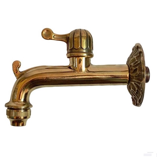 Art deco styled hose-bib faucet with decorate handle in polished brass finish