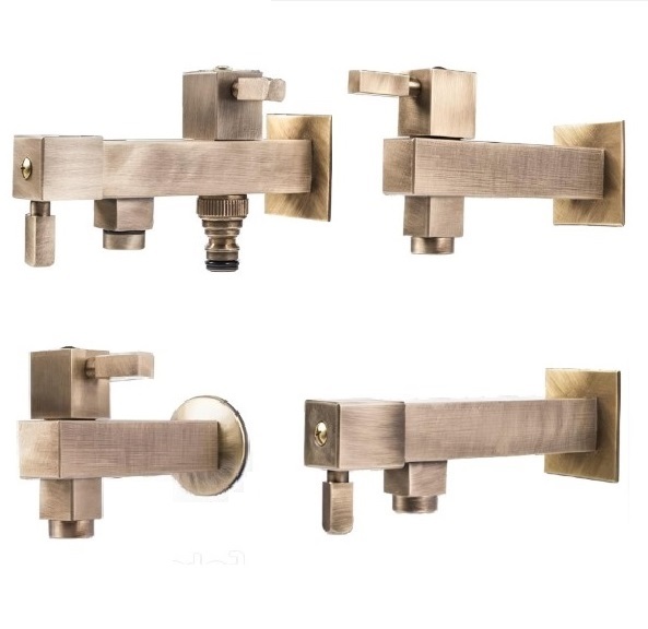 Quadrant-style brass faucet with wooden handle for indoor or outdoor installation