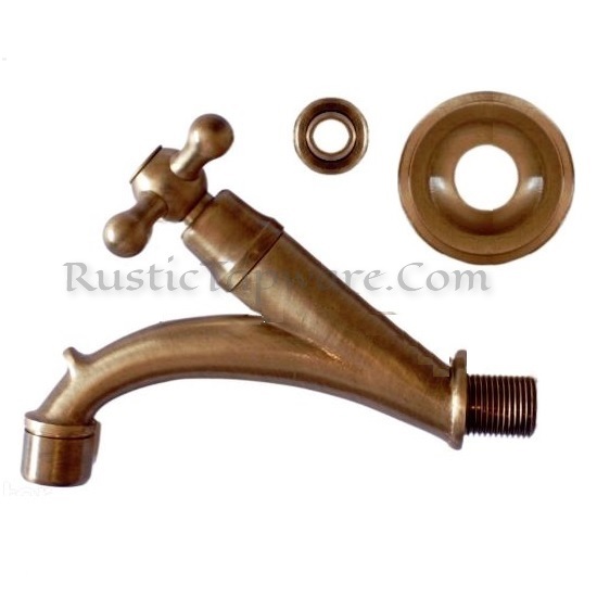 Inclined, retro styled water hose-bib spigot with cross handle in bronze like polish