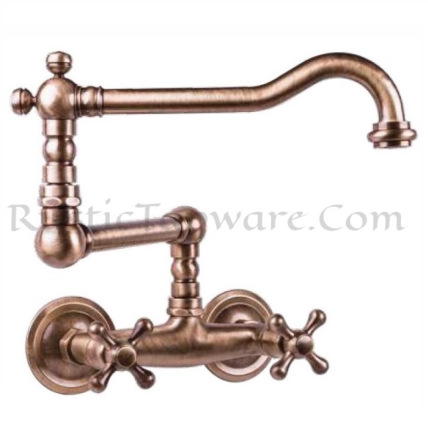 Luxury wall mounted sink water mixer with rotating crane neck in antique style and bronze finish