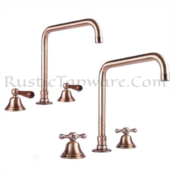 Deck mounted three-hole sink mixer tap with wooden handles with high rise spouts in antique style and bronze finish