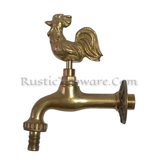 Rooster themed outdoor hose-bib in brass