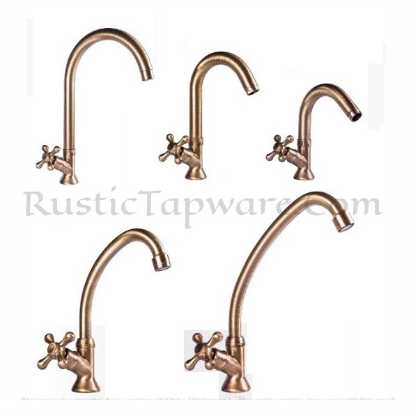 Deck mountable sink water faucets with curved neck in antique style and bronze finish