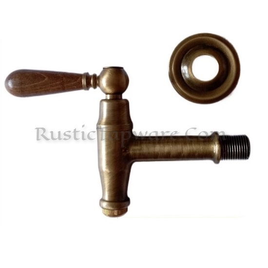 Rustic styled water hose-bib spigot in oil rubbed bronze finish with wooden handle