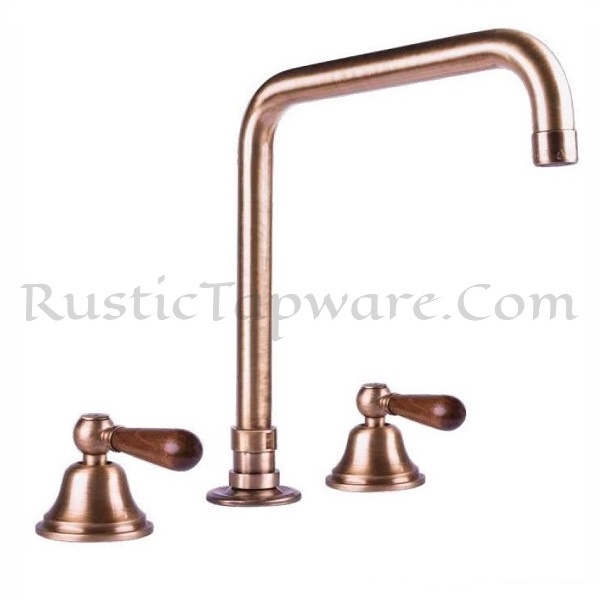 Three-Hole Deck-Mounted Brass Mixer with Wooden Handles