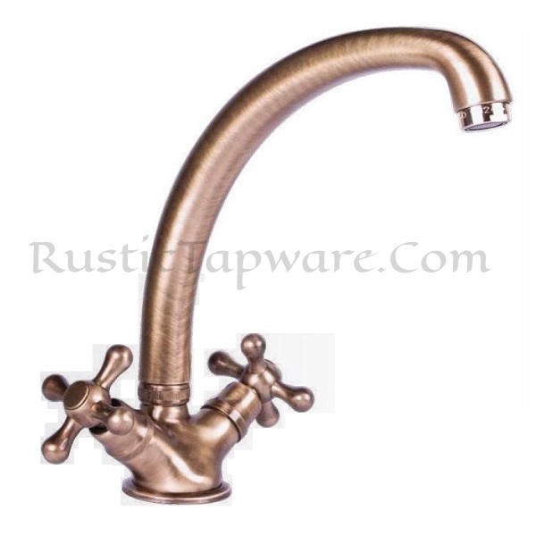 Bathroom monobloc sink tap with two cross handles in antique style and bronze finish