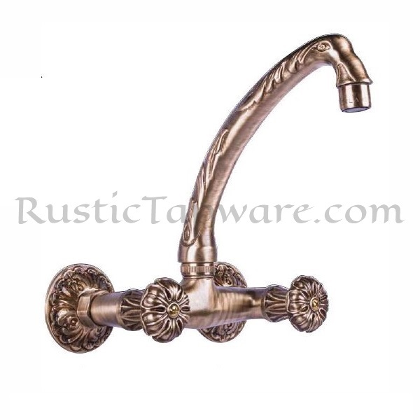 Ornated wall-mounted duobloc sink water mixer tap - swan spout