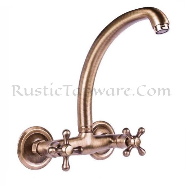 Wall mount duobloc bath tap with two cross handles in antique style and bronze finish