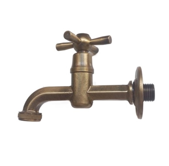 Retro hose-bib tap with round cross handle and backplate