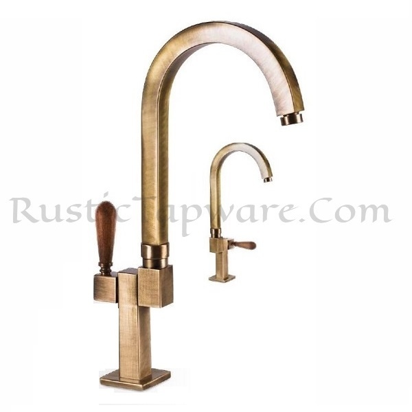 Gooseneck Square-Profile Brass Basin Tap with Wooden Lever