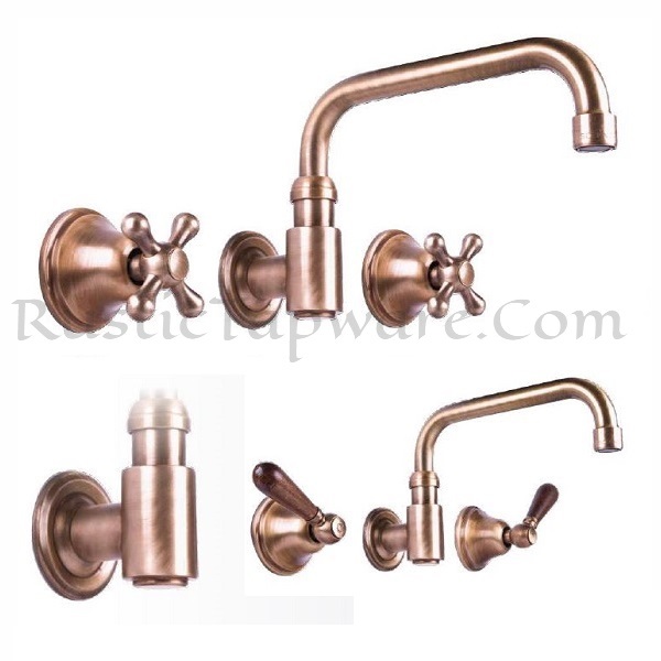 Wall mounted three-hole sink mixer tap with wooden handles in antique style and bronze finish