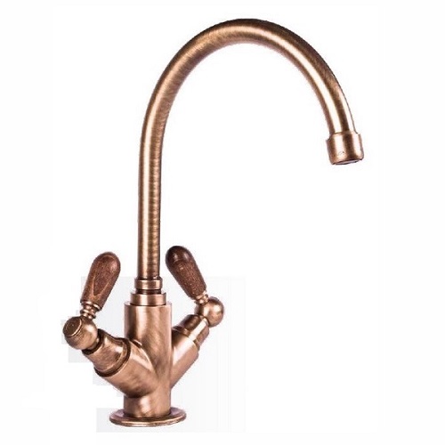 Sink mounted cold and hot water mixer with wooden handles