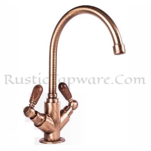 Sink mounted cold and hot water mixer with wooden handles