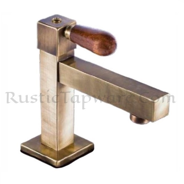 Square-Profile Brass Basin Tap with Wooden Lever