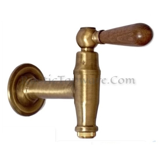 Wall-mounted retro styled hose-bib spigot in brass and wooden handle