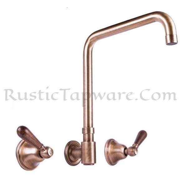 High-Rise Three-Hole Wall-Mounted Brass Mixer with Wooden Handles