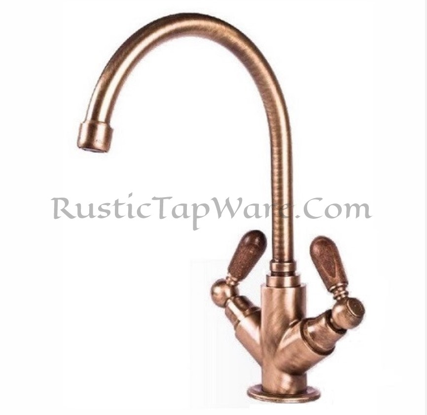 Sink mounted cold and hot water mixer with wooden handles