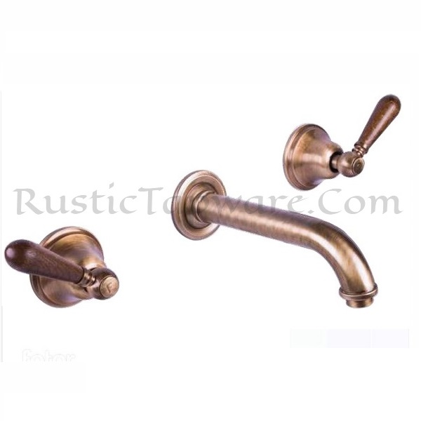 Wall mounted three hole basin mixer water tap in antique style with wooden handles