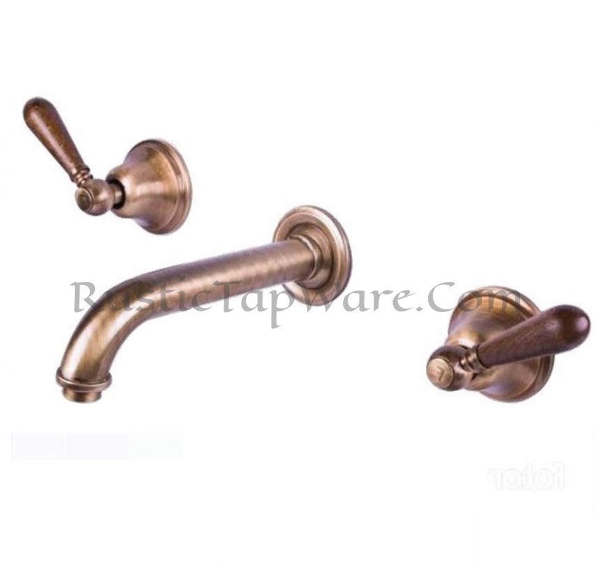 Wall mounted three hole basin mixer water tap in antique style with wooden handles