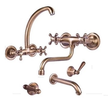 Rustic brass sink mounted faucet and mixer for deck or sink wall installation