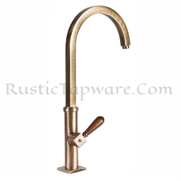 High-Rise Gooseneck Brass Sink Faucet with Geometric Design and Wooden Handles