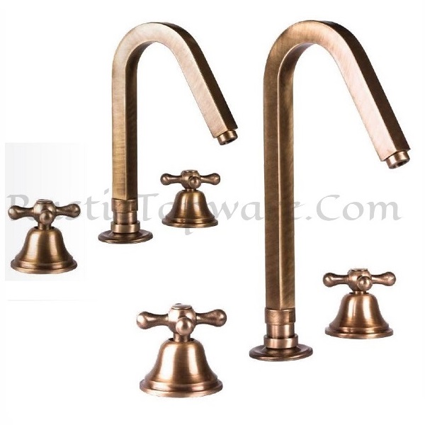 Deck mounted three hole basin tap in square design in antique bronze finish