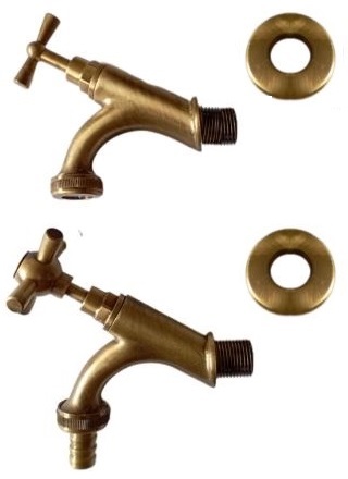Retro hose-bib in brass and bibcock with cross handle in polished bronze finish