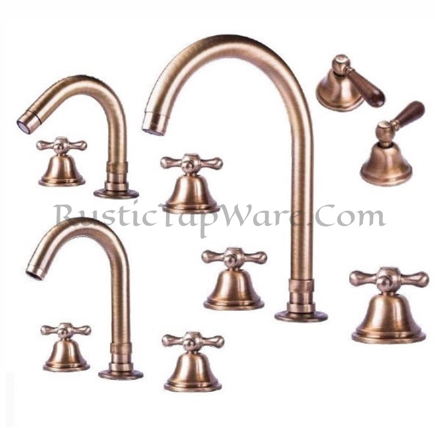 Deck mounted three hole sink mixer water tap in antique style with wooden or classic handles