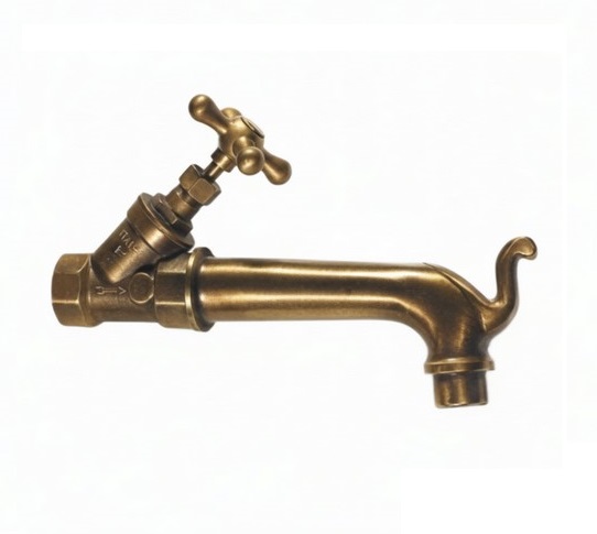 Large inclined valve tap with retro fountain spout in brass