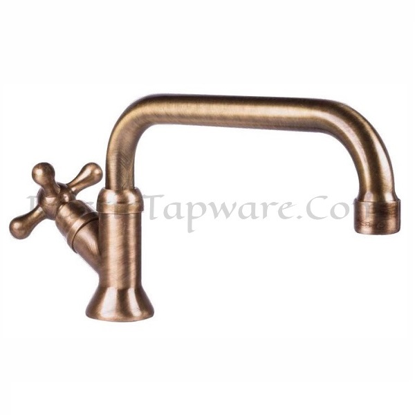 Sink mounted water tap with long spout in antique style and bronze finish