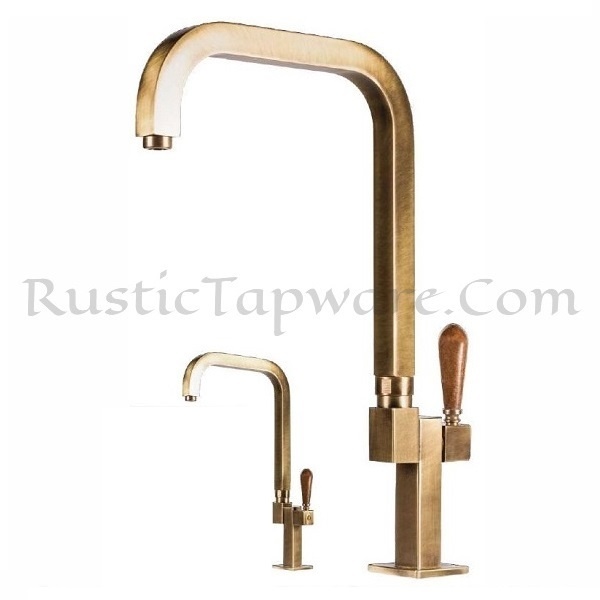 Square-Profile Brass Basin Tap with Wooden Lever