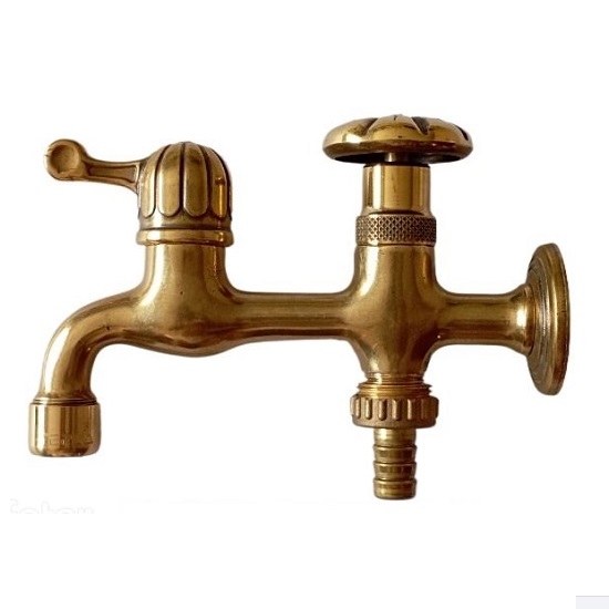 Wall-mounted dual outlet control faucet and hose-bib tap for irrigation or washig machine in decorative brass