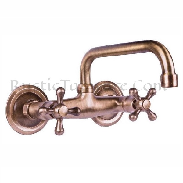 Wall mount duobloc wall tap with two cross handles in antique style and bronze finish