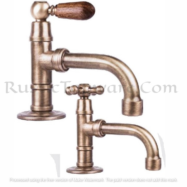 Deck mounted single hole basin tap for cold water in antique style with wooden or classic handles