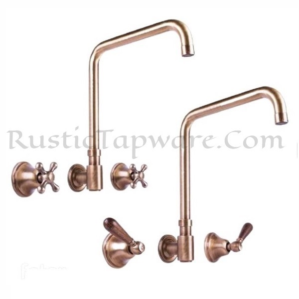 Wall mounted three-hole sink mixer tap with wooden handles with high rise spouts in antique style and bronze finish