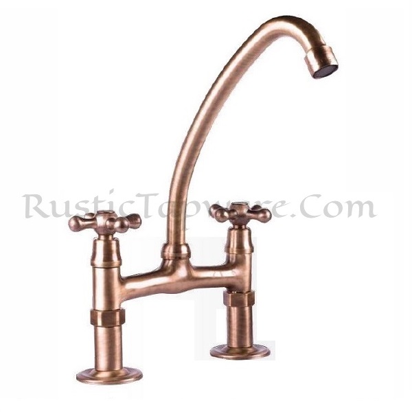 Surface mounted bridge mixer tap in bronze finish and antique style for farmhouse
