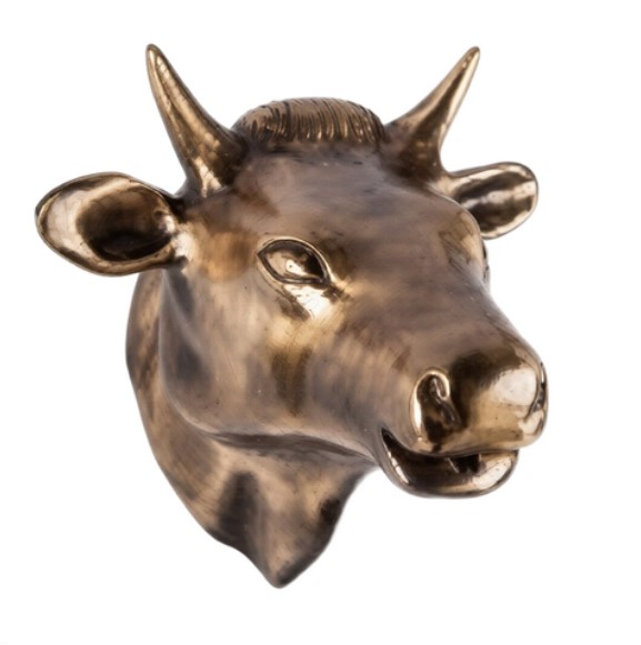 Wall-Mounted Bull Head in Brass with Optional Small Water Spout in Bronze Finish